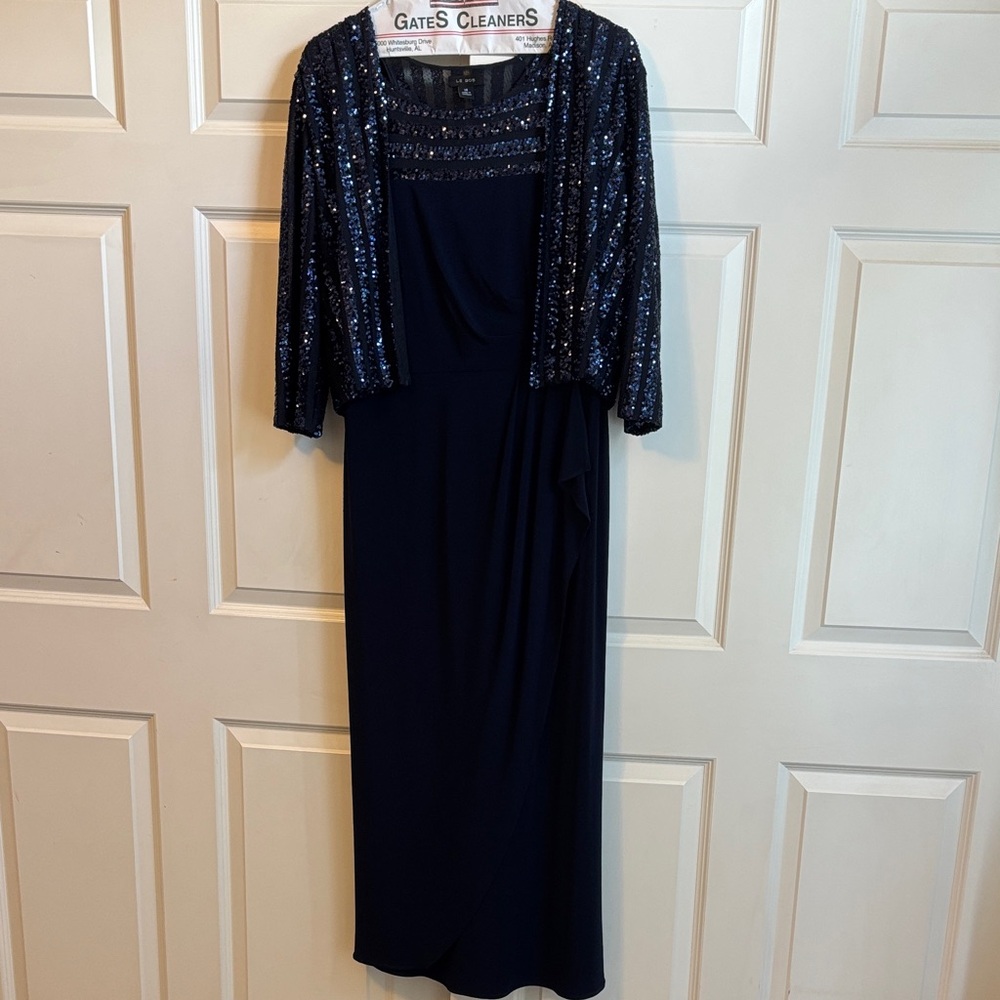 Women's Navy Long Sleeve Evening Dress with Sequin Jacket